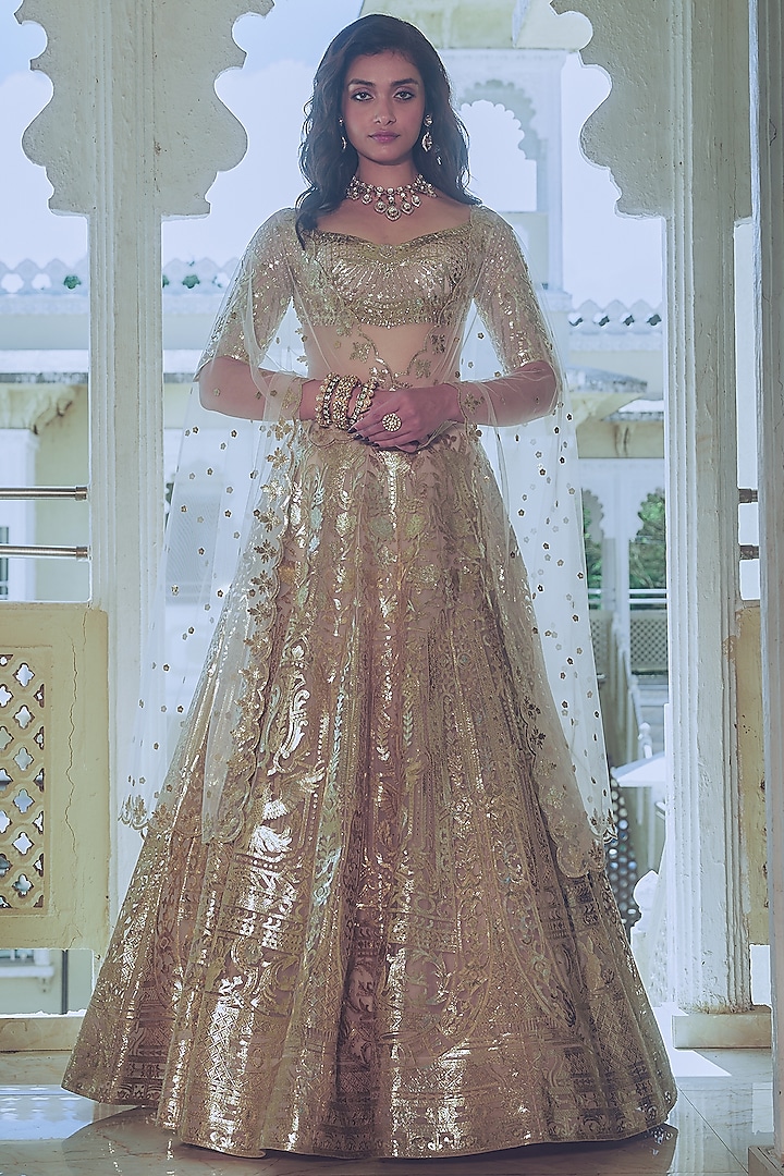 Pinkish Grey Net Gold Foil Printed & Embroidered Bridal Lehenga Set by Falguni Shane Peacock at Pernia's Pop Up Shop