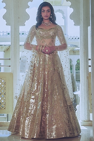 Pinkish Grey Net Gold Foil Printed & Embroidered Lehenga Set by Falguni Shane Peacock