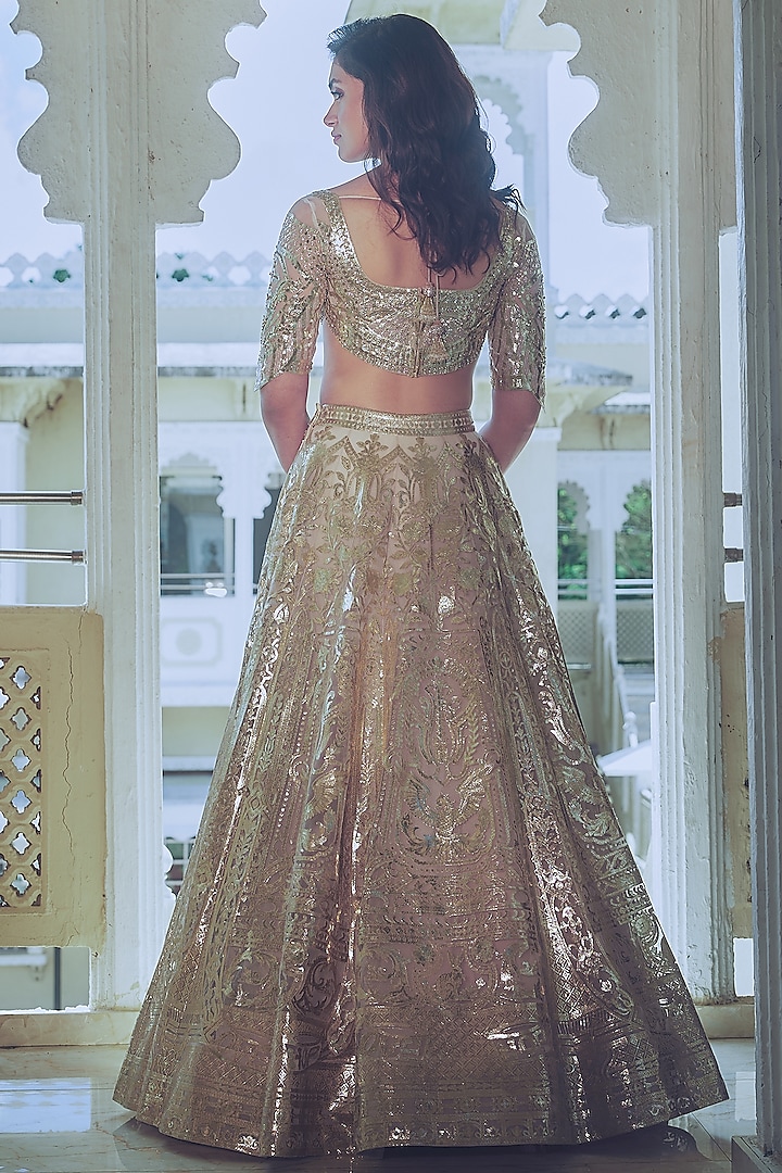 Pinkish Grey Net Gold Foil Printed & Embroidered Bridal Lehenga Set by Falguni Shane Peacock at Pernia's Pop Up Shop