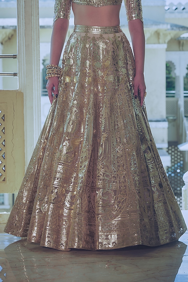 Pinkish Grey Net Gold Foil Printed & Embroidered Bridal Lehenga Set by Falguni Shane Peacock at Pernia's Pop Up Shop