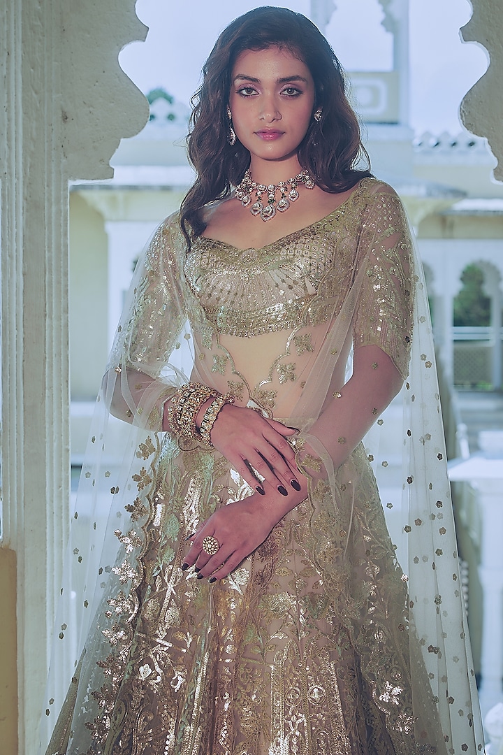 Pinkish Grey Net Gold Foil Printed & Embroidered Bridal Lehenga Set by Falguni Shane Peacock at Pernia's Pop Up Shop