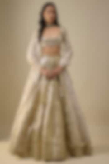 Ivory Net Gold Foil Printed & Embroidered Bridal lehenga for 22 Lehenga Set by Falguni Shane Peacock India at Pernia's Pop Up Shop