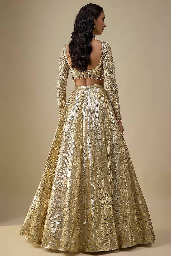 Ivory Net Gold Foil Printed & Embroidered Bridal Lehenga Set by Falguni Shane Peacock India at Pernia's Pop Up Shop