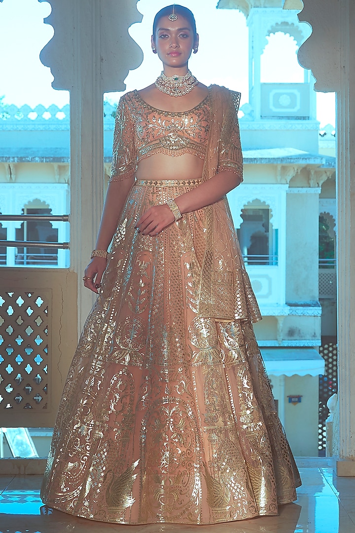 Peach Net Gold Foil Printed & Embroidered Bridal Lehenga Set by Falguni Shane Peacock at Pernia's Pop Up Shop