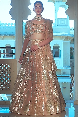 Peach Net Gold Foil Printed & Embroidered Lehenga Set by Falguni Shane Peacock