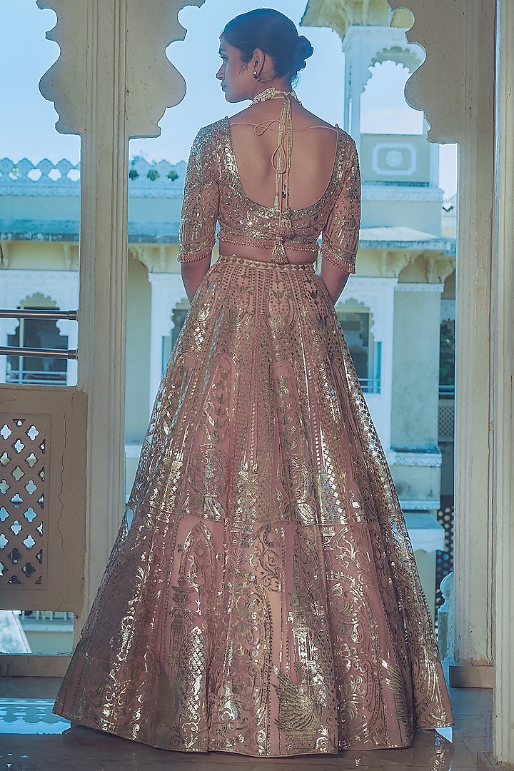 Peach Net Gold Foil Printed & Embroidered Bridal Lehenga Set by Falguni Shane Peacock at Pernia's Pop Up Shop
