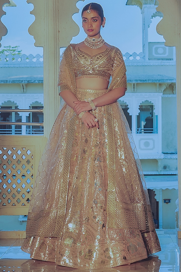 Peach Net Gold Foil Printed & Embroidered Bridal Lehenga Set by Falguni Shane Peacock at Pernia's Pop Up Shop