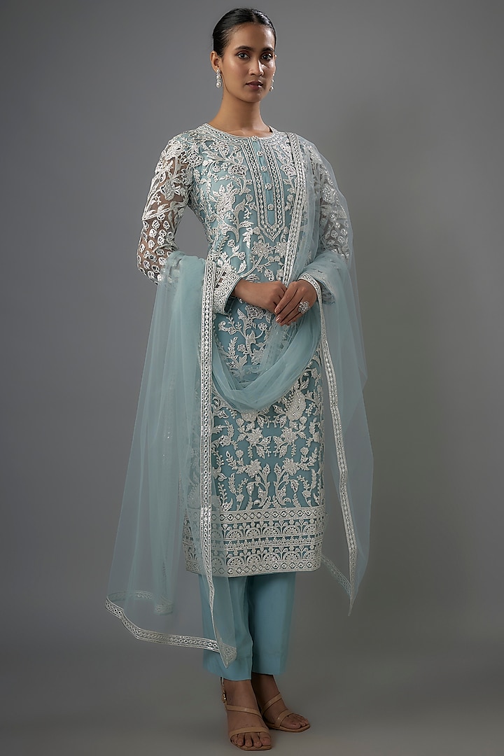 Blue Net Resham & Silver Foil Embroidered Kurta Set by Falguni Shane Peacock India at Pernia's Pop Up Shop