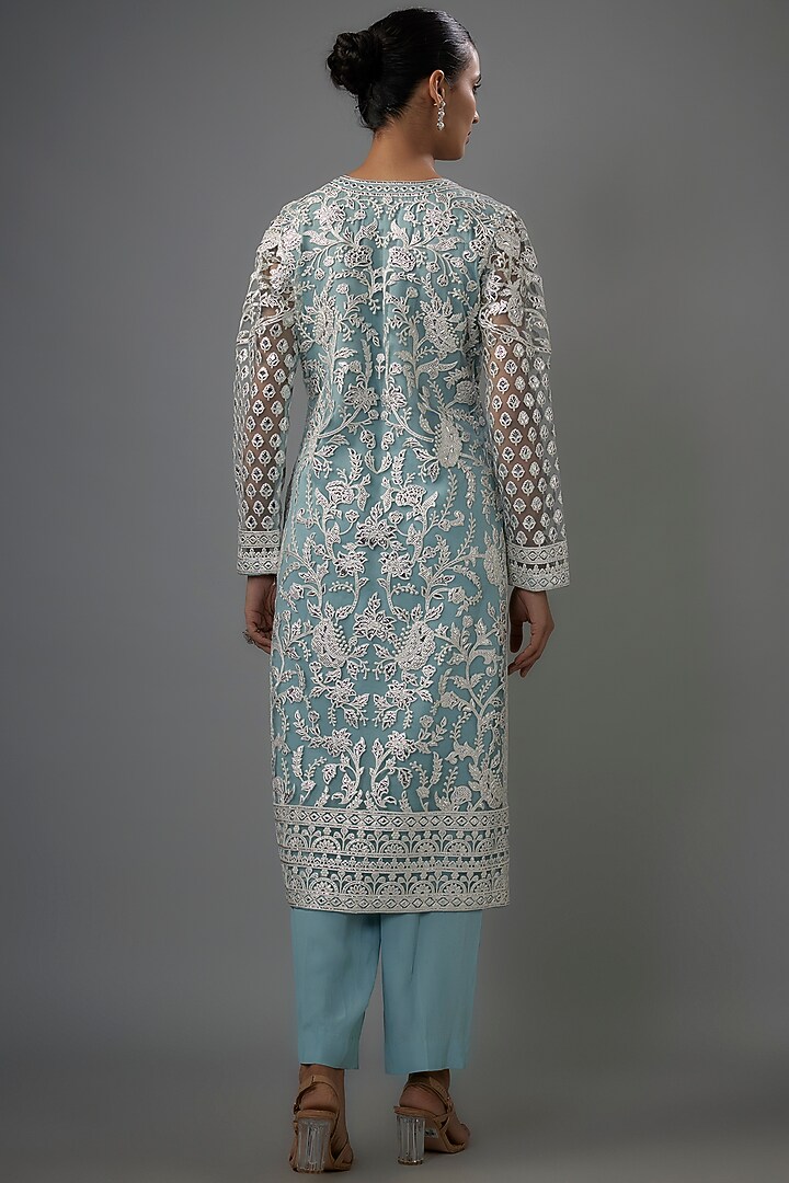 Blue Net Resham & Silver Foil Embroidered Kurta Set by Falguni Shane Peacock India at Pernia's Pop Up Shop