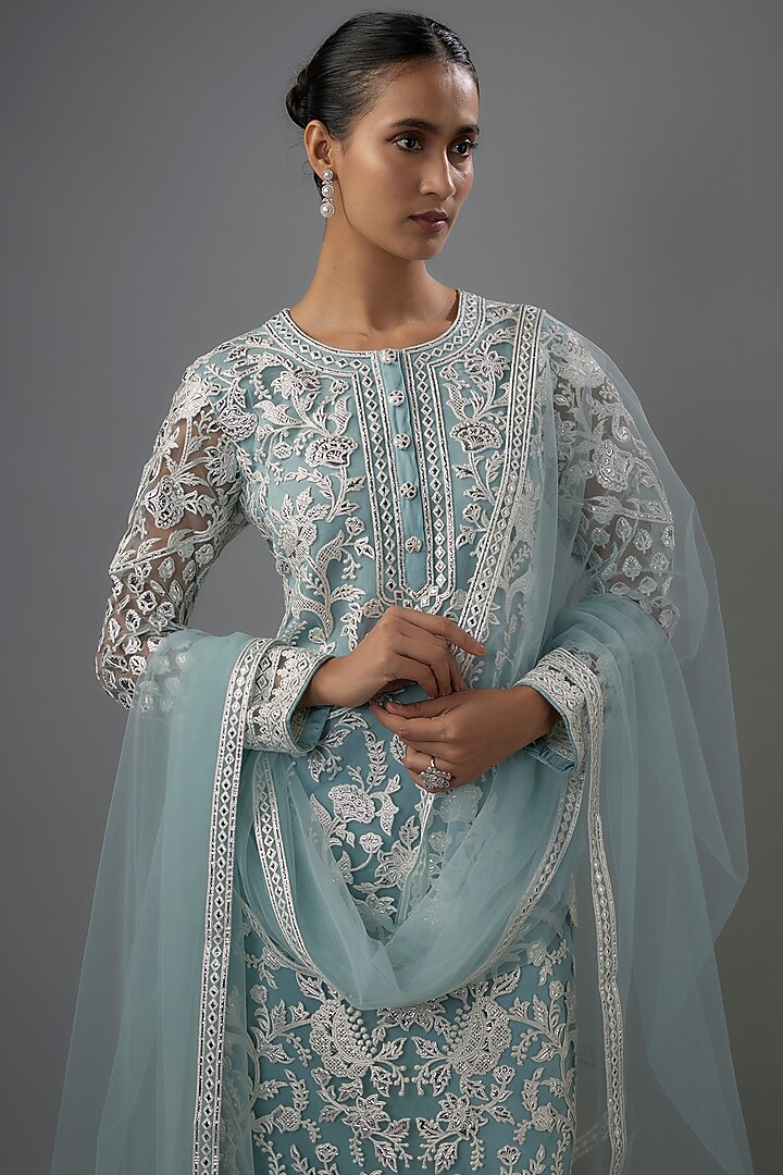 Blue Net Resham & Silver Foil Embroidered Kurta Set by Falguni Shane Peacock India at Pernia's Pop Up Shop