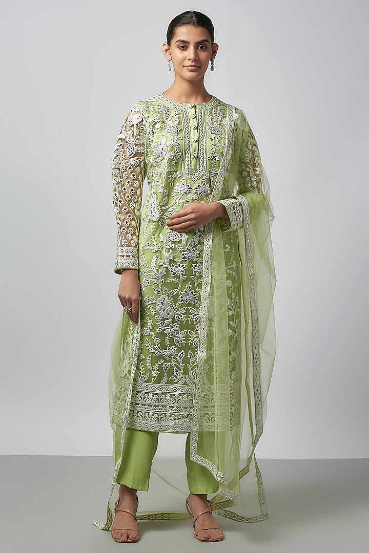 Green Net Resham Work Kurta Set by Falguni Shane Peacock India at Pernia's Pop Up Shop