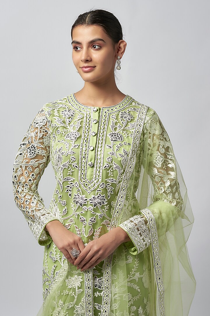 Green Net Resham Work Kurta Set by Falguni Shane Peacock India at Pernia's Pop Up Shop