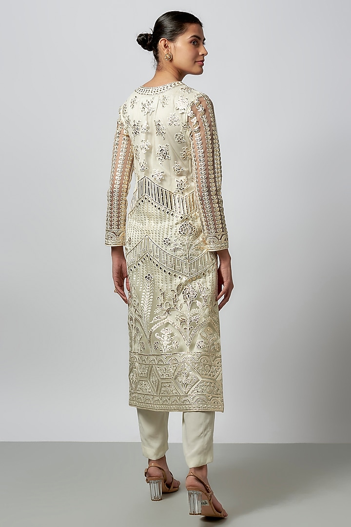 Ivory Net Resham Work Kurta Set by Falguni Shane Peacock India at Pernia's Pop Up Shop