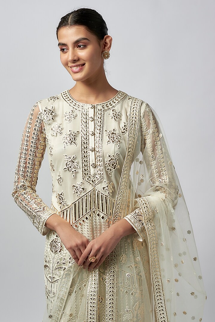 Ivory Net Resham Work Kurta Set by Falguni Shane Peacock India at Pernia's Pop Up Shop