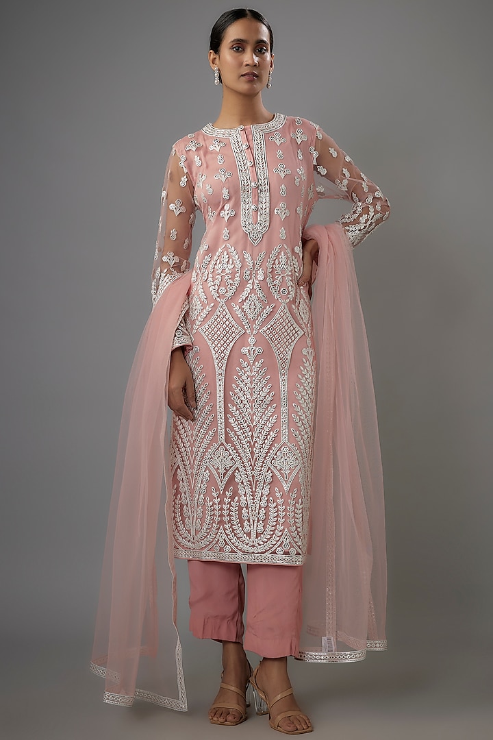 Pink Net Resham & Silver Foil Embroidered Kurta Set by Falguni Shane Peacock India at Pernia's Pop Up Shop