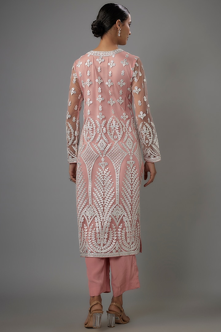 Pink Net Resham & Silver Foil Embroidered Kurta Set by Falguni Shane Peacock India at Pernia's Pop Up Shop