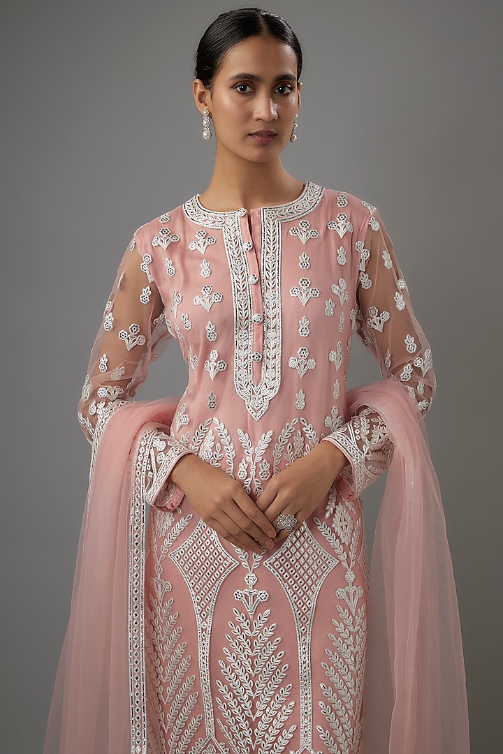 Pink Net Resham & Silver Foil Embroidered Kurta Set by Falguni Shane Peacock India at Pernia's Pop Up Shop