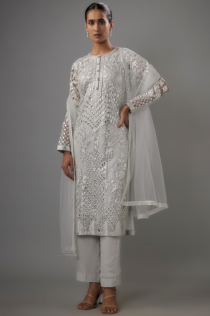 Powder Blue Net Resham & Silver Foil Embroidered Kurta Set by Falguni Shane Peacock India at Pernia's Pop Up Shop