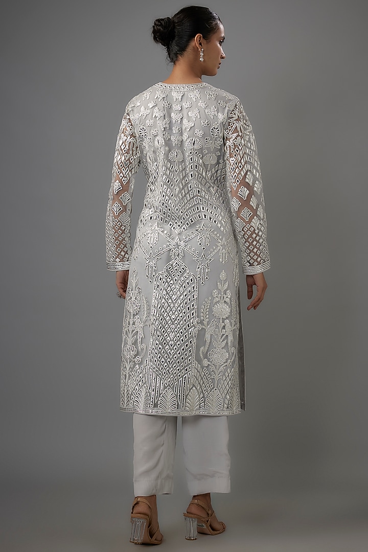 Powder Blue Net Resham & Silver Foil Embroidered Kurta Set by Falguni Shane Peacock India at Pernia's Pop Up Shop