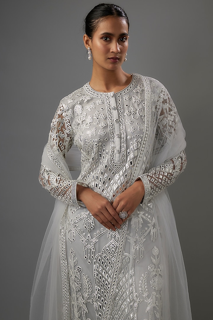 Powder Blue Net Resham & Silver Foil Embroidered Kurta Set by Falguni Shane Peacock India at Pernia's Pop Up Shop