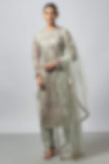 Beige & Silver Net Resham Work Kurta Set by Falguni Shane Peacock India at Pernia's Pop Up Shop