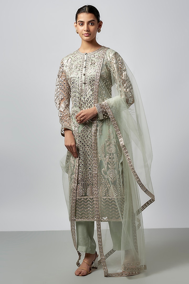 Beige & Silver Net Resham Work Kurta Set by Falguni Shane Peacock India at Pernia's Pop Up Shop