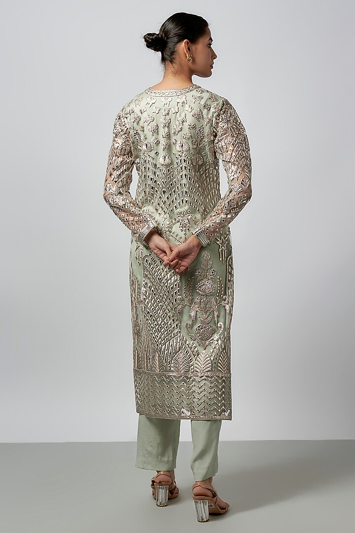 Beige & Silver Net Resham Work Kurta Set by Falguni Shane Peacock India at Pernia's Pop Up Shop