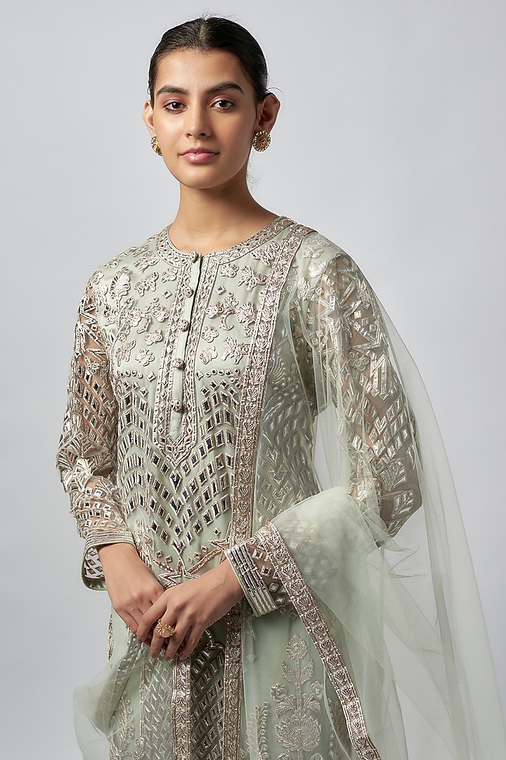Beige & Silver Net Resham Work Kurta Set by Falguni Shane Peacock India at Pernia's Pop Up Shop
