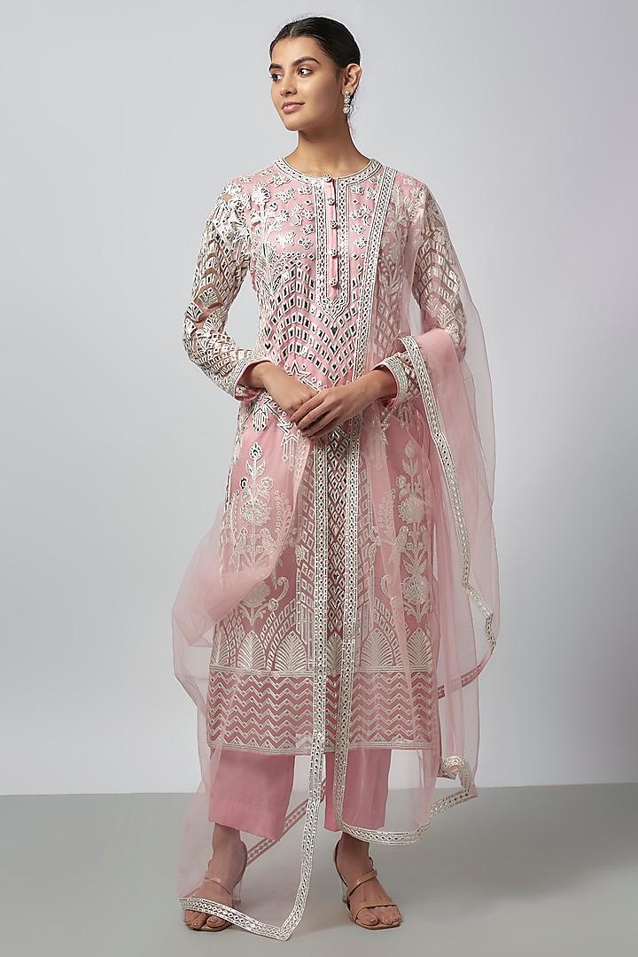 Light Pink Net Resham Work Kurta Set by Falguni Shane Peacock India at Pernia's Pop Up Shop