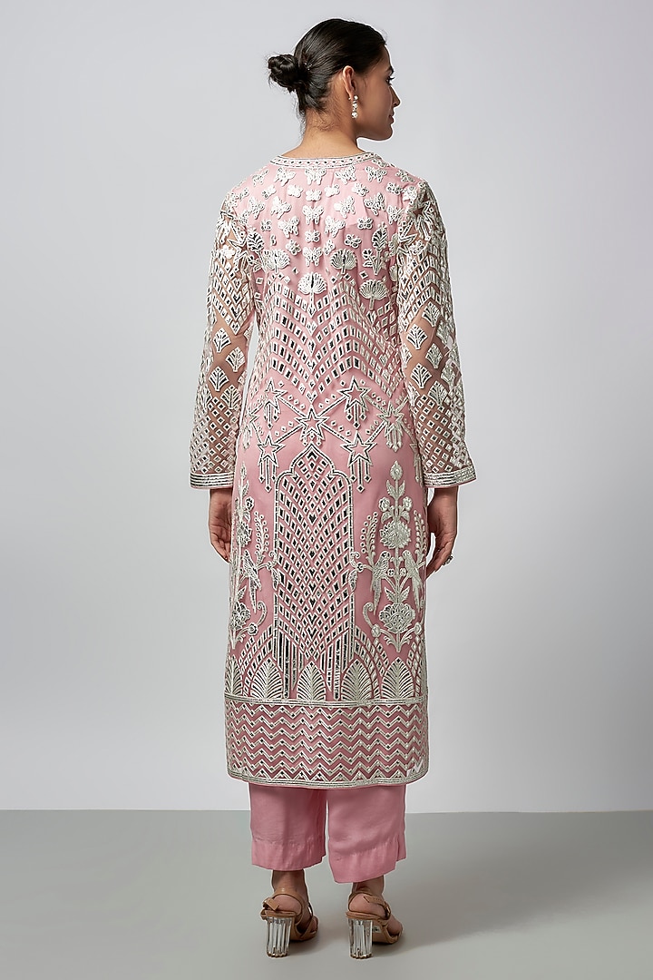Light Pink Net Resham Work Kurta Set by Falguni Shane Peacock India at Pernia's Pop Up Shop
