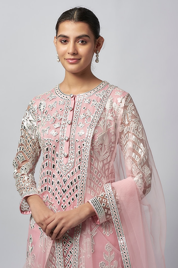 Light Pink Net Resham Work Kurta Set by Falguni Shane Peacock India at Pernia's Pop Up Shop