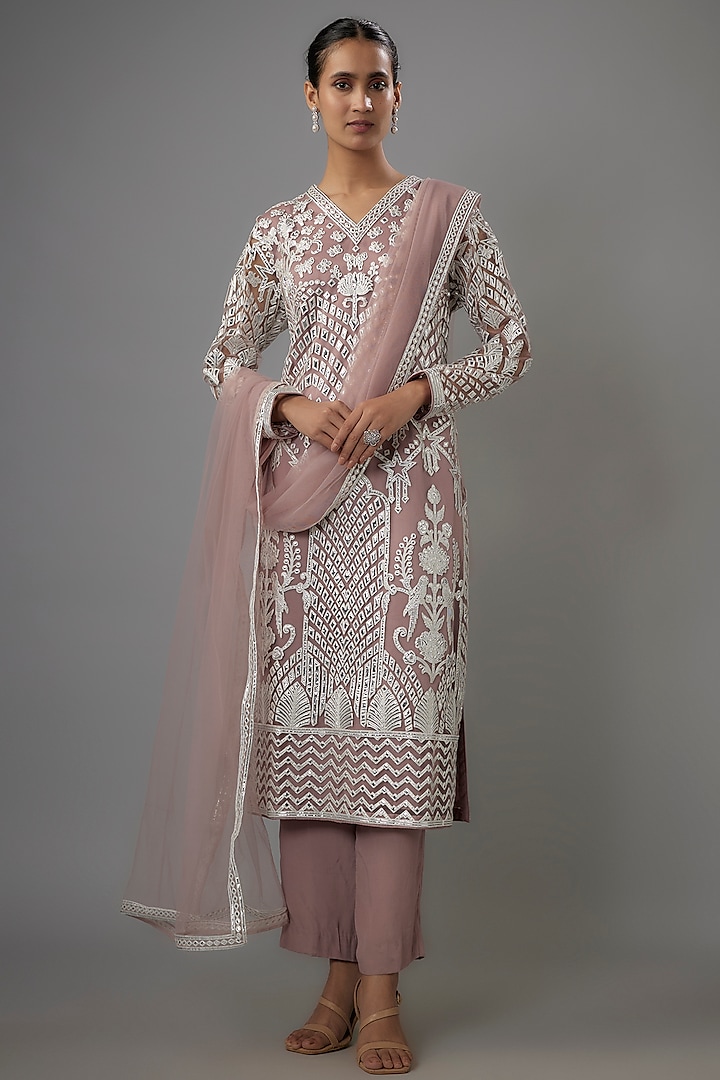 Mauve Net Resham & Silver Foil Embroidered Kurta Set by Falguni Shane Peacock India at Pernia's Pop Up Shop