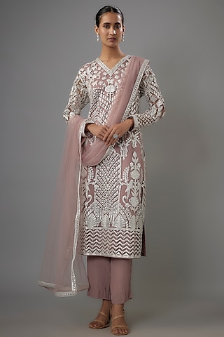 Mauve Net Resham & Silver Foil Embroidered Kurta Set by Falguni Shane Peacock India