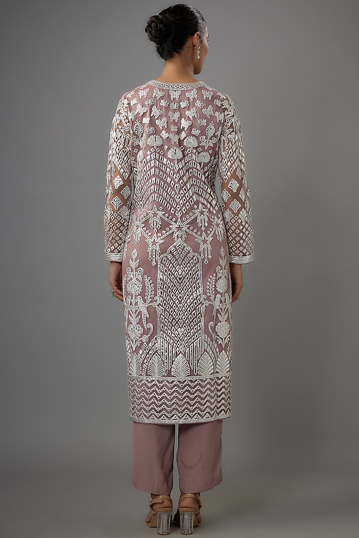 Mauve Net Resham & Silver Foil Embroidered Kurta Set by Falguni Shane Peacock India at Pernia's Pop Up Shop