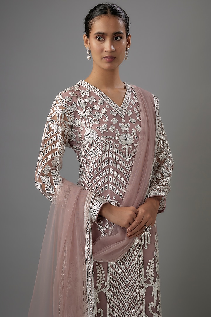 Mauve Net Resham & Silver Foil Embroidered Kurta Set by Falguni Shane Peacock India at Pernia's Pop Up Shop