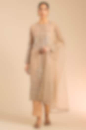 Beige & Gold Foil Embroidered Kurta Set by Falguni Shane Peacock India at Pernia's Pop Up Shop