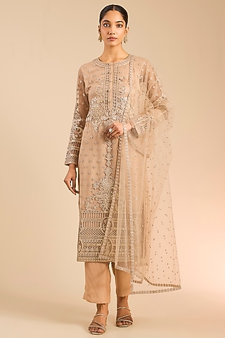Beige & Gold Foil Embroidered Kurta Set by Falguni Shane Peacock India
