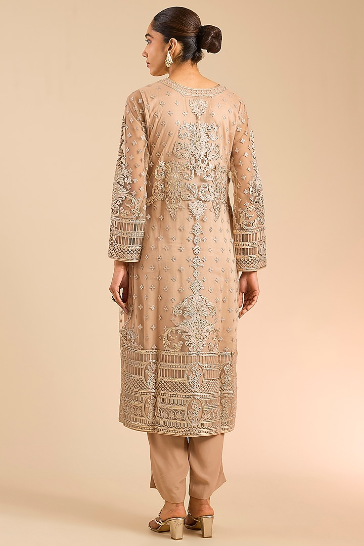 Beige & Gold Foil Embroidered Kurta Set by Falguni Shane Peacock India at Pernia's Pop Up Shop