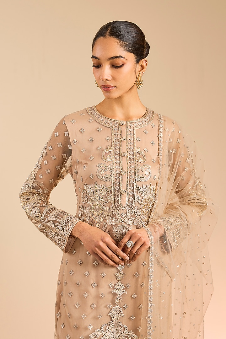Beige & Gold Foil Embroidered Kurta Set by Falguni Shane Peacock India at Pernia's Pop Up Shop