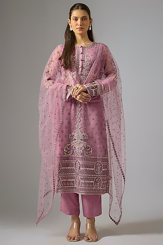 Mauve Crepe Foil Embroidered Straight Kurta Set by Falguni Shane Peacock India