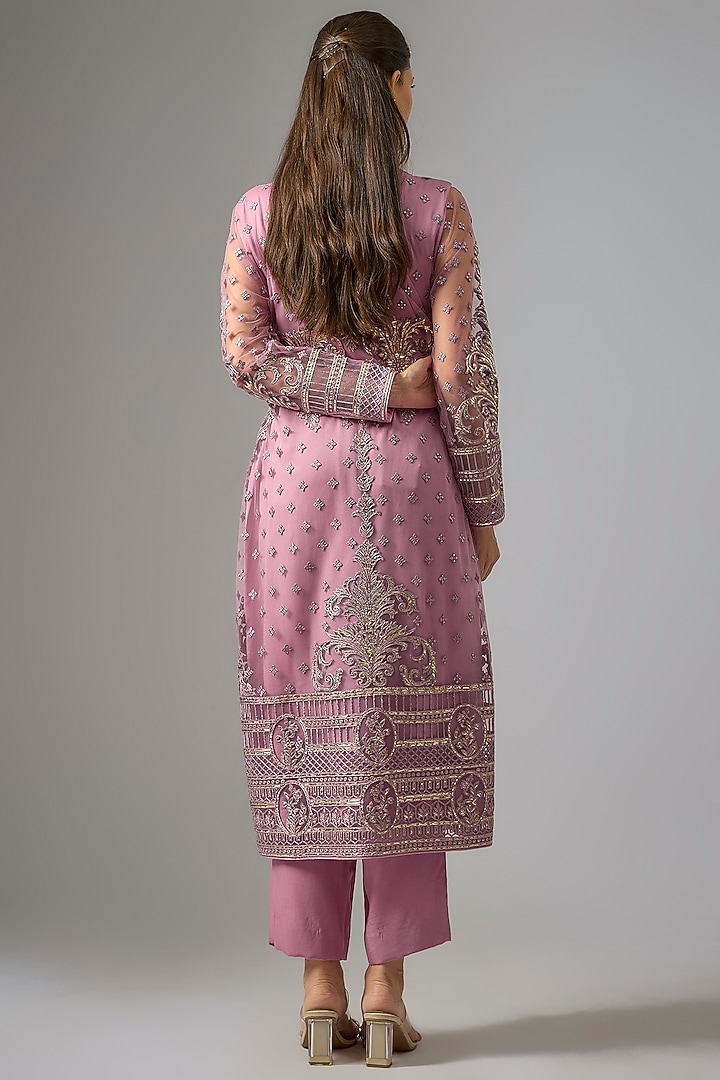 Mauve Crepe Foil Embroidered Straight Kurta Set by Falguni Shane Peacock India at Pernia's Pop Up Shop