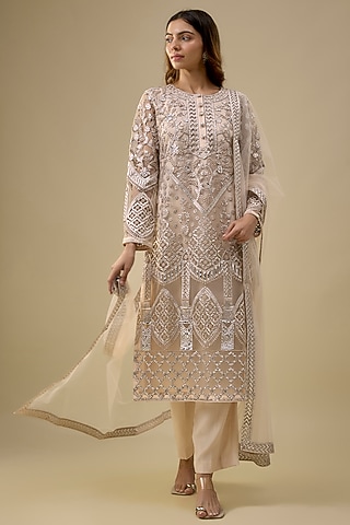 Beige Tulle Thread Work Kurta Set by Falguni Shane Peacock India