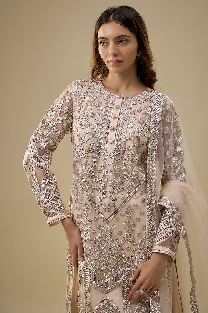 Beige Tulle Thread Work Kurta Set by Falguni Shane Peacock India at Pernia's Pop Up Shop