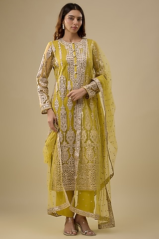 Mustard Tulle Thread Work Kurta Set by Falguni Shane Peacock India
