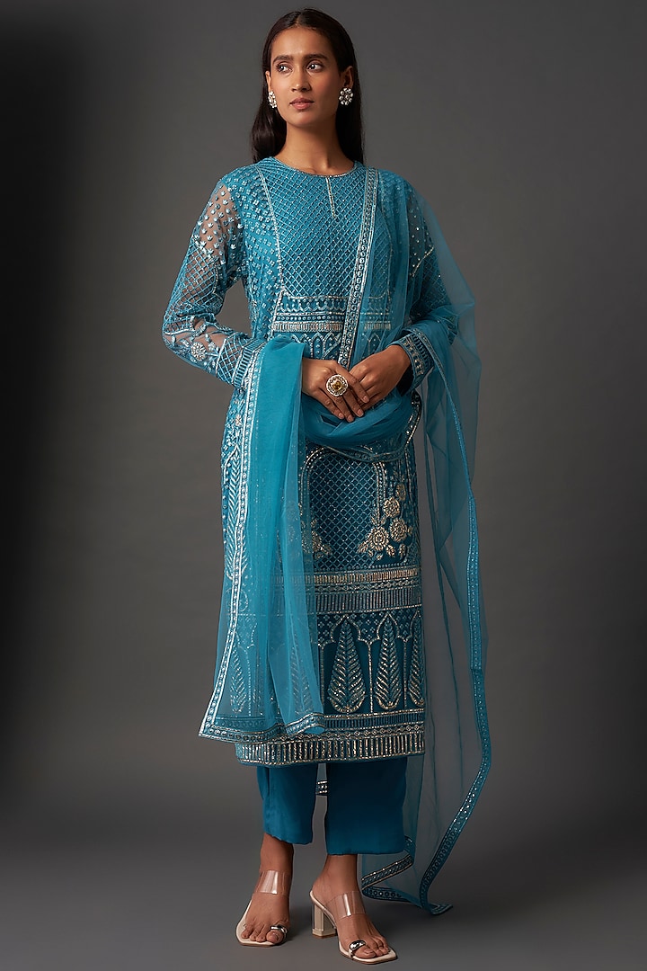 Dark Aqua Net Resham & Foil Work Kurta Set by Falguni Shane Peacock India at Pernia's Pop Up Shop