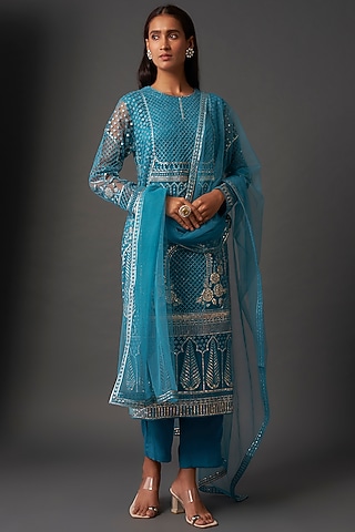 Dark Aqua Net Resham & Foil Work Kurta Set by Falguni Shane Peacock India