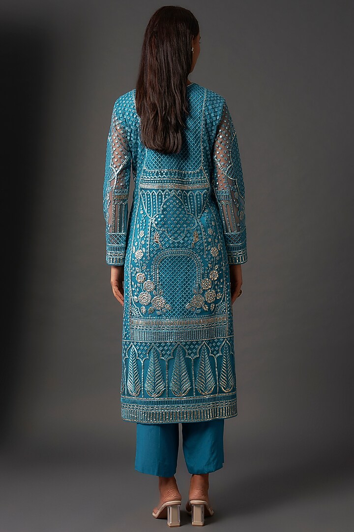 Dark Aqua Net Resham & Foil Work Kurta Set by Falguni Shane Peacock India at Pernia's Pop Up Shop