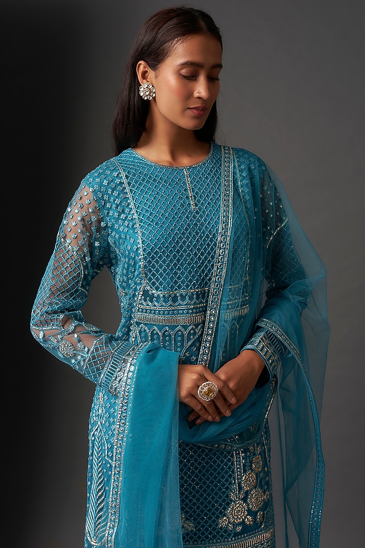 Dark Aqua Net Resham & Foil Work Kurta Set by Falguni Shane Peacock India at Pernia's Pop Up Shop