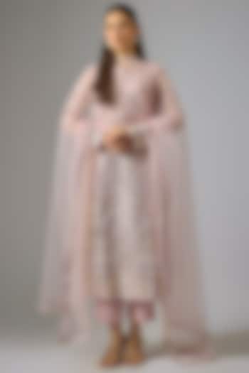 Pink Crepe Foil Embroidered Straight Kurta Set by Falguni Shane Peacock India at Pernia's Pop Up Shop