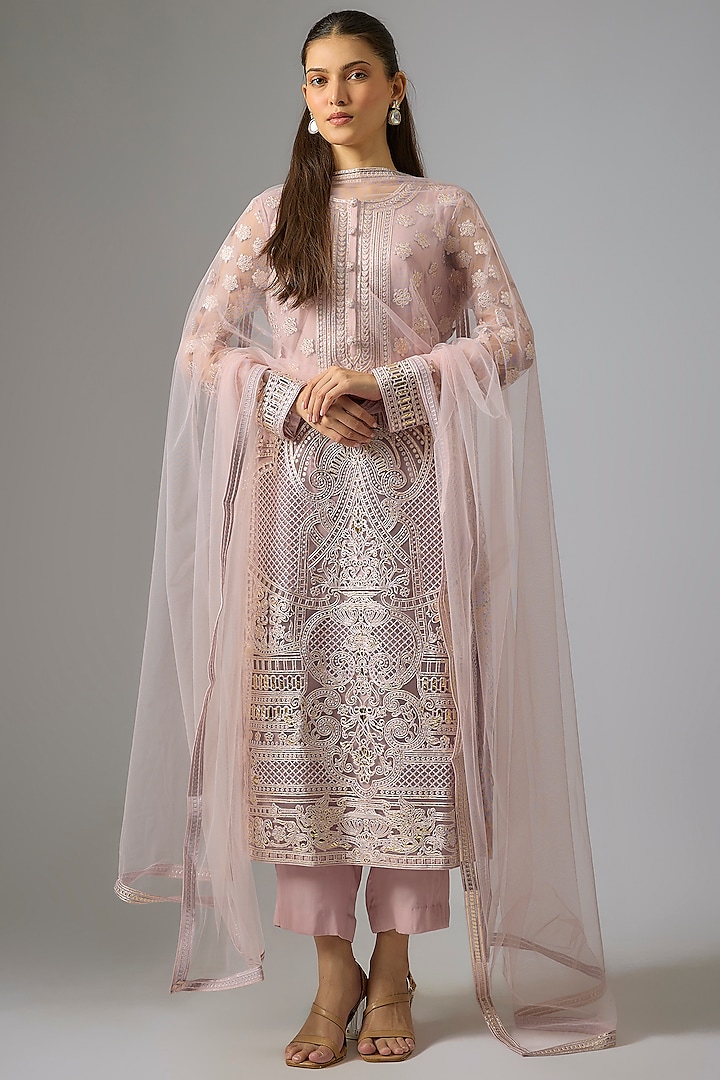 Pink Crepe Foil Embroidered Straight Kurta Set by Falguni Shane Peacock India at Pernia's Pop Up Shop